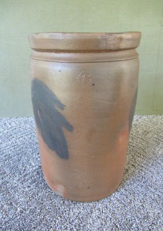 Antique Crock Cobalt Slip Decorated Stoneware Pottery,  1 - 1/2 Gallon,  11.  5 