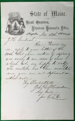 Orig 1862 Civil War State Of Maine Adjutant General’s Office Letterhead Signed