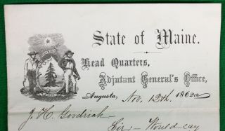 Orig 1862 Civil War State of Maine Adjutant General’s Office Letterhead Signed 2