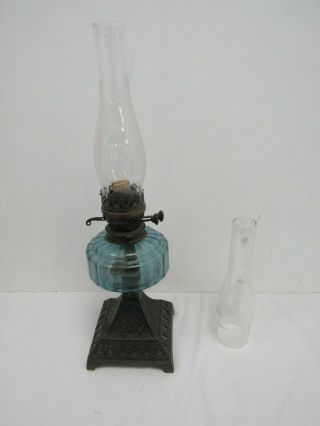 Vintage Oil Lamp Blue Glass Font,  Cast Base,  Brass,  Glass Shades - Nai S15