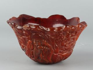 Chinese Exquisite Hand - Carved Old Man Deer Carving Ox Horn Bowl