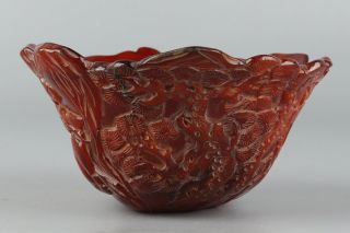 Chinese Exquisite Hand - carved Old man deer Carving OX Horn bowl 6