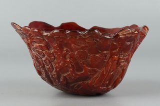 Chinese Exquisite Hand - carved Old man deer Carving OX Horn bowl 7
