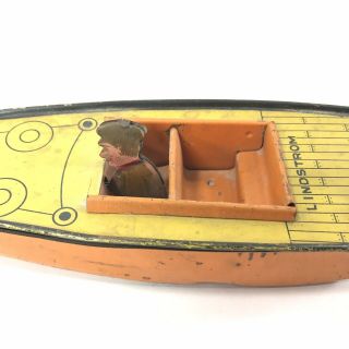 1930 ' s LINDSTROM TIN MOTOR BOAT w/ WIND UP OUTBOARD MOTOR 5