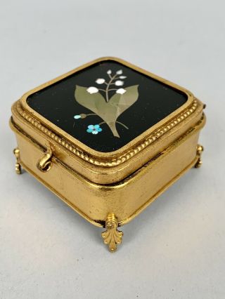Small Victorian Gilt Metal Dresser Or Ring Box With A Pietra Dura Plaque