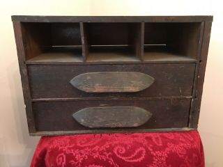 Vintage Primitive Wood Small Tool Or Storage Box 2 Drawers - Countertop Style