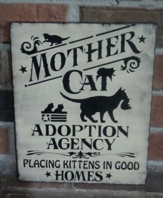 Primitive Black Cat Sign By Nancy “mother Cat Adoption Agency” Hp Antique White