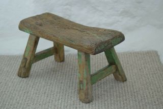 Small 19th C Milking Stool Green Paint Distressed Finish Country Made