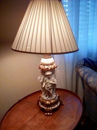 Antique French Porcelain,  Bisque Cherub Table Lamp/ Gold Gilt,  Signed,  Numbered