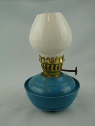 Vintage Blue Enamel Hand Held Kelly / Pixie Oil Lamp Opal Glass Shade
