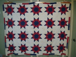 Antique Quilt Red White & Blue Stars Vintage Patriotic Hand Stitched & Quilted