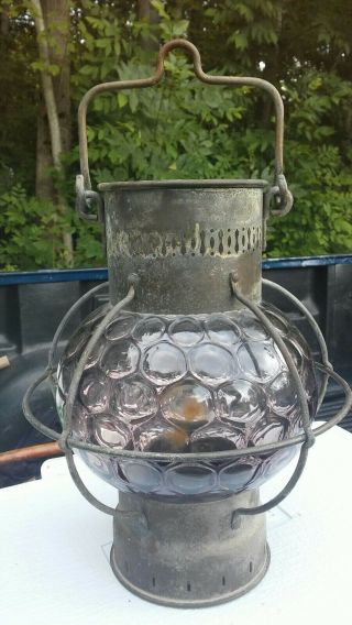 Antique Candle Lantern 19th C Thumbprint Pattern Globe Light Purple/smoke Color