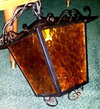 Vintage MCM Wrought Iron Amber Glass Ceiling Light Lamp Patio Inside Outside 2