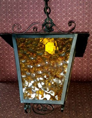 Vintage MCM Wrought Iron Amber Glass Ceiling Light Lamp Patio Inside Outside 3