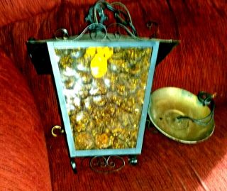 Vintage MCM Wrought Iron Amber Glass Ceiling Light Lamp Patio Inside Outside 5