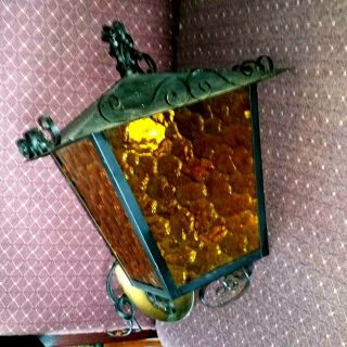Vintage MCM Wrought Iron Amber Glass Ceiling Light Lamp Patio Inside Outside 6