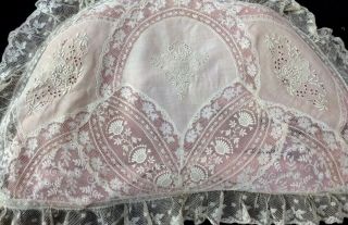 Antique Pillow Cover Half Moon Net Backed Lace,  Linen W Embroidery/cutwork Exc