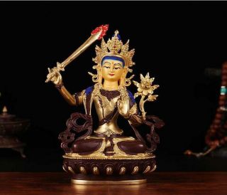 8 " Asian Antique Tibetan Copper Gilt Hand Painting Manjusri Bodhisattva Statue