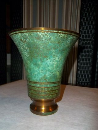 6 7/8 " Signed Carl Sorensen Verdigris Bronze Art Deco Vase