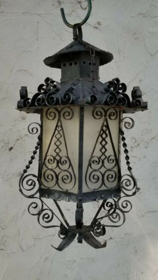 Vintage Spanish Revival Gothic Wrought Iron Steel Tin Hanging Glass Lantern