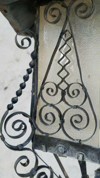 Vintage Spanish Revival Gothic Wrought Iron Steel Tin Hanging Glass Lantern 2