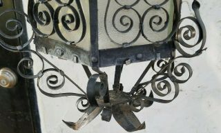 Vintage Spanish Revival Gothic Wrought Iron Steel Tin Hanging Glass Lantern 3