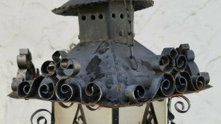 Vintage Spanish Revival Gothic Wrought Iron Steel Tin Hanging Glass Lantern 4