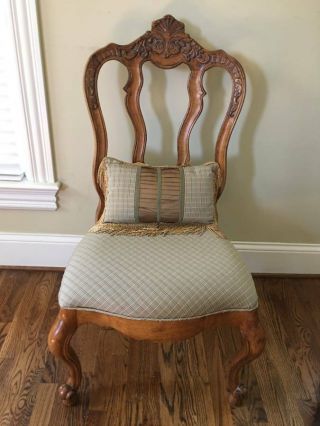Antique Upholstered Dining Side Chair Cabriole Legs Floral Carving