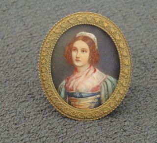Vintage Antique Hand Painted Miniature On Celluloid Signed Brass Easel Frame 1