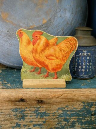 Antique Cardboard Farm Animal Cutout Wood Stand Buff Orpington Chickens Freeship