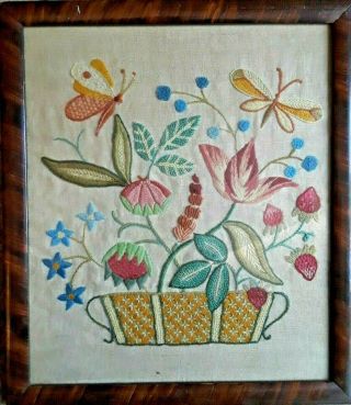 Antique Late 1800s Early 1900s Theorem Flower Basket Needlework Embroidery