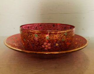 Moser Cranberry Glass Enamel And Gilt Finger Bowl And Under Plate