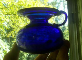 Early Pontiled 1860s Cobalt Blue Glass Spittoon Applied Handle Rolled Rim 3 " Tall