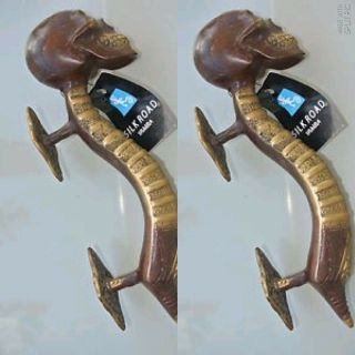 2 Skull Handle Door Pull Spine Solid Brass Old Look Vintage Style Aged 210mm B