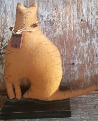 Primitive Folk Art Stuffed Cat Doll Mustard Paint Fabric Statue Country Decor