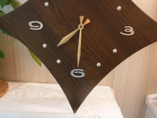 VINTAGE Mid Century Modern Wall Clock w Faux Wood Grain Face - 4