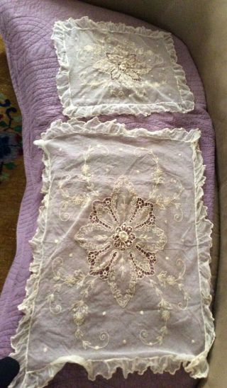 Antique French Tambour Net Lace Bedspread Coverlet Crib Cradle Plus Pillow Sham