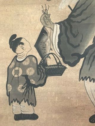 Japanese Hanging Scroll Kakejiku Buddhist Old Man Fish Hand Paint Antique s93 5