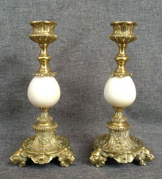Antique Tripod Candlesticks Made Of Brass And Marble Early 1900 