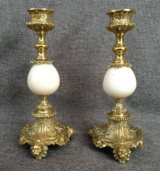 Antique tripod candlesticks made of brass and marble early 1900 ' s lions 2