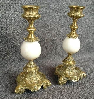Antique tripod candlesticks made of brass and marble early 1900 ' s lions 3