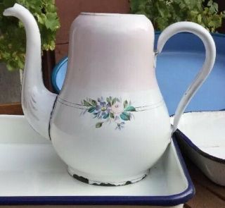 Vintage French Enamel Pink Floral Teapot Coffee Pot Granitewear Tw Antique