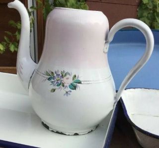 Vintage French Enamel Pink Floral Teapot Coffee Pot Granitewear TW Antique 2