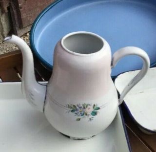 Vintage French Enamel Pink Floral Teapot Coffee Pot Granitewear TW Antique 3