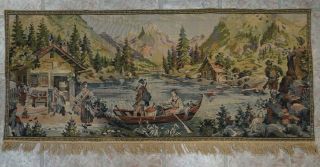 Large Antique Victorian Needlepoint Handmade Wall Hanging Scenic Tapestry