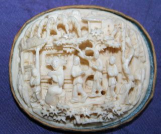 Antique Oriental Intricate Carved Bovine Bone Scene Plaque 3d Signed On Back