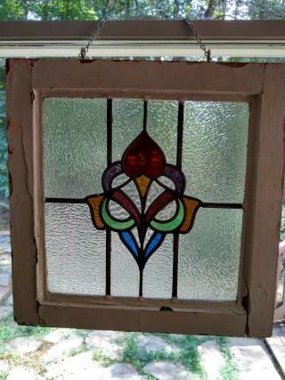 Antique Leaded Stained Glass Window With Wood Frame,  Salvaged