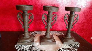 3 Pillar Candle Holders Vtg Cast Iron Metal Candlesticks Screw Top 2.  75 " Top Mcm