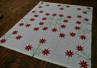 Vtg Applique Coverlet Muslin Floral Red Poinsettias Embroidery 90 " X 76 "