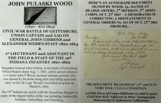 Civil War Battle Gettysburg Kia Captain 19th Indiana Infantry Document Signed 63